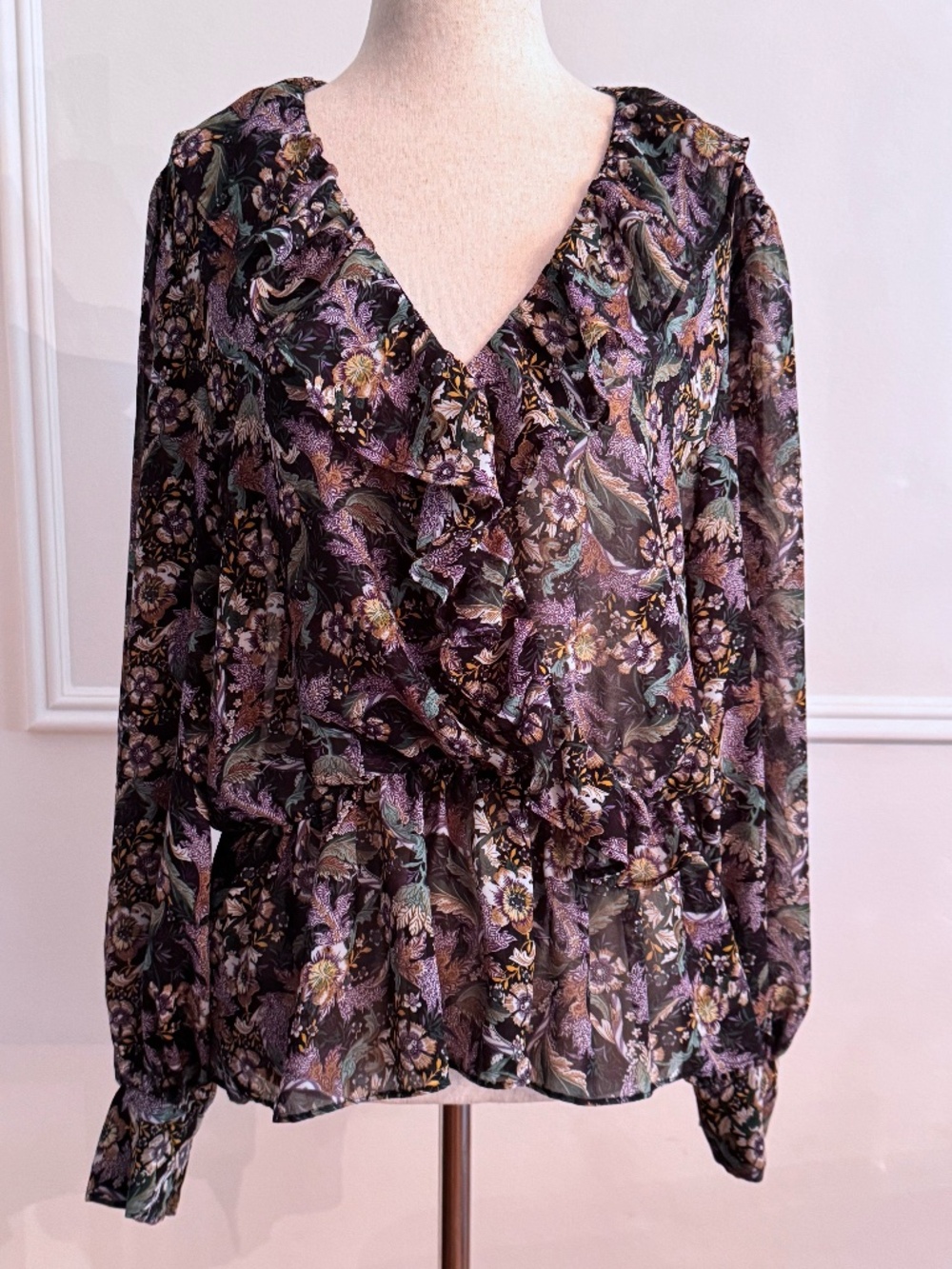 Catherine Malandrino Black Purple Gold Floral Print Wrap Ruffle Blouse L